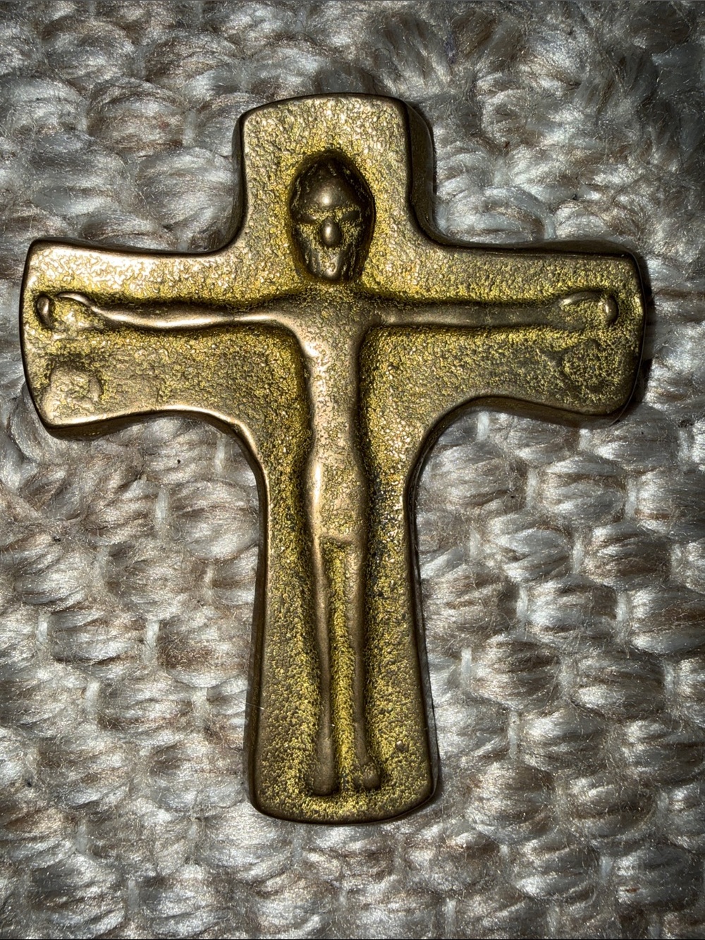 Vintage 1970s Cast Brass Emmaus Hand Cross, Modern Brutalist 4" Religious Jesus